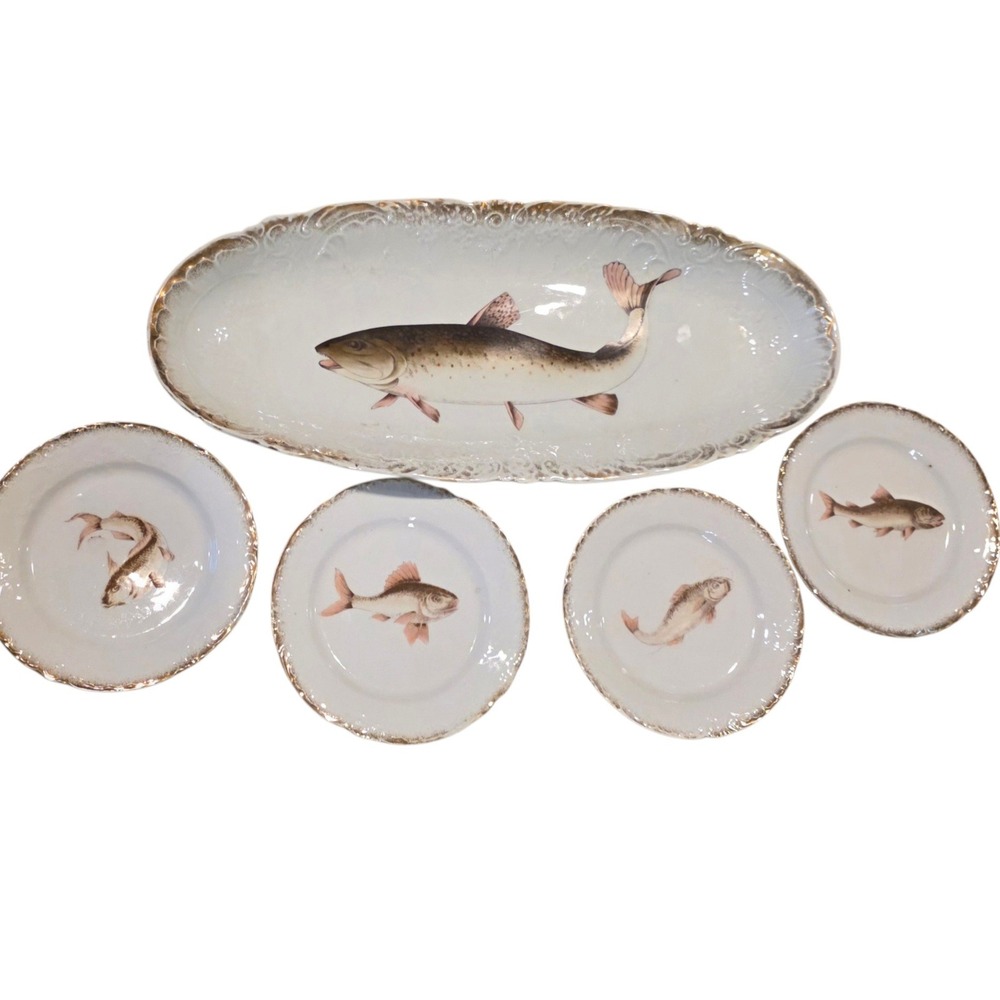 Antique Victoria Carlsbad Austria Fish Platter and Plates 5pc Set Gold Gilt READ